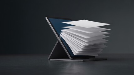 Modern tablet with stack of papers emerging from screen