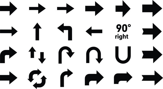Black Directional Arrow Icons Set with Straight, Turn, Curve, Rotate, and 90 Degree Right Navigation Symbols Vector Illustration