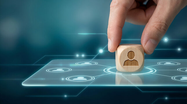 Human resource recruitment leadership business networking management team connection talent choice hand cube icon profile job hiring selection