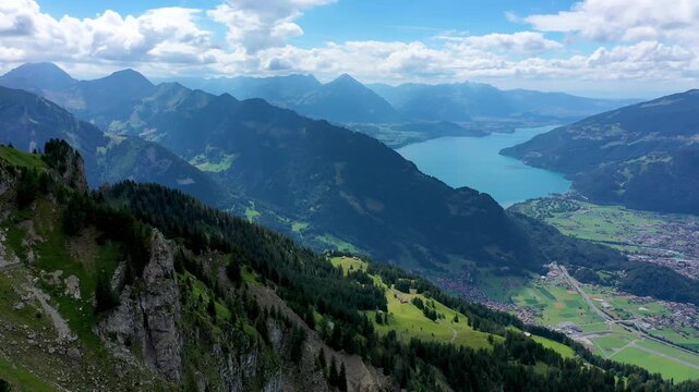 Beautiful Lake Brienz view from Schynige Platte trail in Bernese Oberland, Canton of Bern, Switzerland. Popular mountain in the Swiss Alps called Schynige Platte in Switzerland, aerial view.