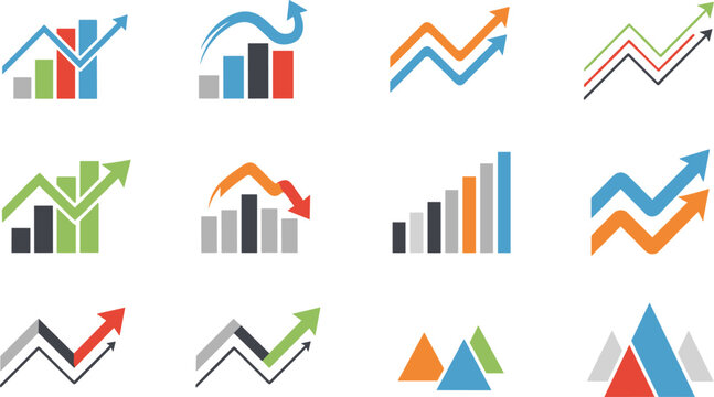 Colorful business growth and decline chart icons set with arrows for analytics design