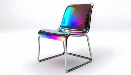Chrome chair with iridescent plastic seat, against white backdrop