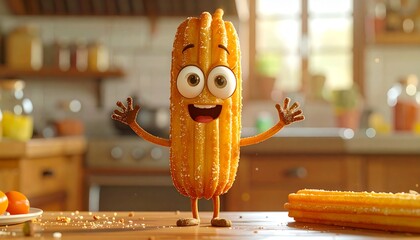 A cute churro with big eyes, legs and hands, cartoon mascot style, ultra-realistic photography, full body photography, slightly blurred background in a kitchen