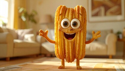 A cute churro with big eyes, legs and hands, cartoon mascot style, ultra-realistic photography, full body photography, slightly blurred background in a kitchen