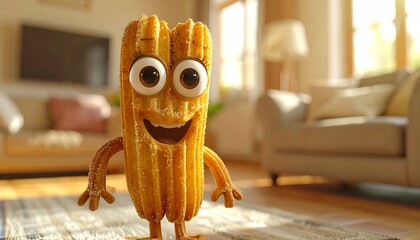 A cute churro with big eyes, legs and hands, cartoon mascot style, ultra-realistic photography, full body photography, slightly blurred background in a kitchen