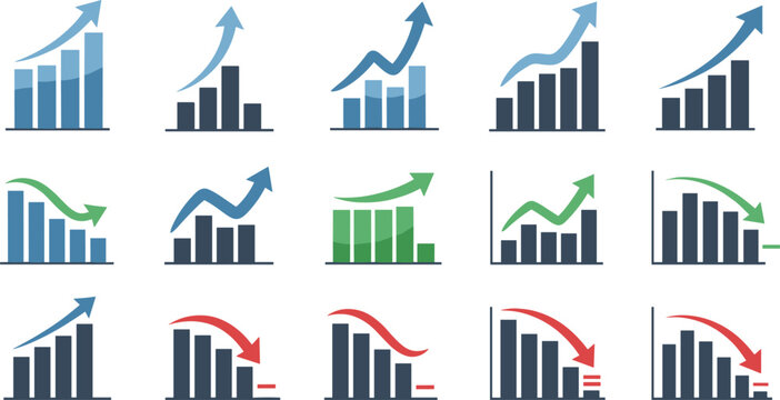 Business analytics chart icons set showing growth decline trends with arrows for finance design