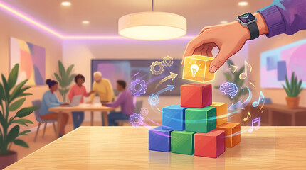 Creative idea concept innovation teamwork collaboration brainstorming colorful block office technology design strategy Creative idea concept