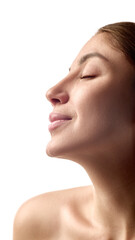 Female profile portrait with closed eyes and relaxed face. Concept of skin wellness, non invasive treatments, self awareness, aesthetic medicine education, and calm beauty narratives. © master1305