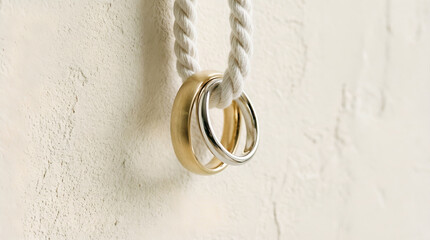 Wedding ring gold ring silver ring rope minimal closeup wall romance wedding ring pair gold ring silver ring hang white rope against plaster wall