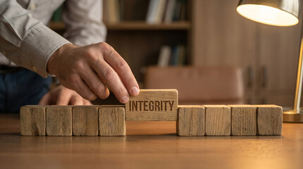 Business integrity concept leadership value ethics honesty trust wooden block hand office desk workplace motivation