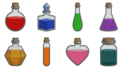 Fantasy potion bottle set including round, square, heart, and geometric glass flasks isolated. Magic alchemy and gaming elixir collection.