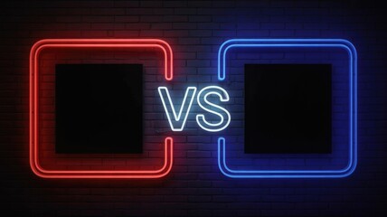 Neon signs with 'VS' on brick wall background