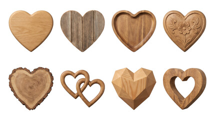 Fototapeta premium Wooden heart set including carved, rustic, geometric, interlocking, and hollow variants isolated. Decorative timber collection for craft and romance.