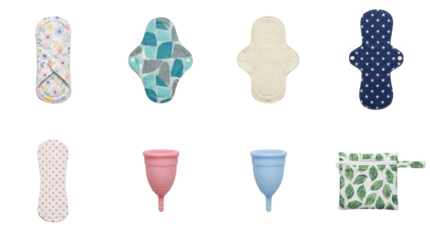 Reusable menstrual hygiene set including cloth sanitary pads, silicone cups, and leaf pattern pouch isolated. Sustainable feminine care and zero waste lifestyle collection.