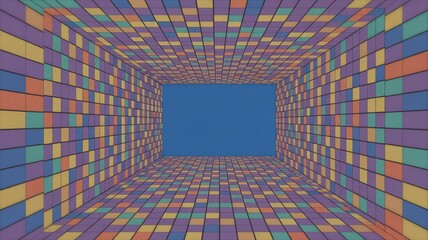 Vibrant colorful tunnel with multicolored blocks and blue background