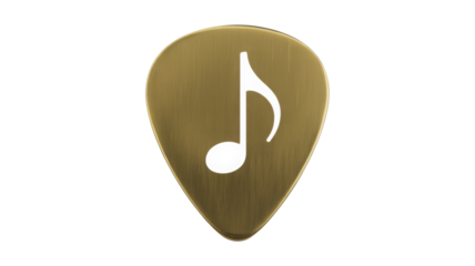 A shiny golden brass guitar pick featuring a clear white musical eighth note symbol stands out against a stark dark black background with soft studio 