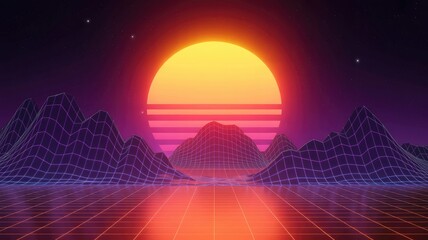 Vibrant digital sunset over futuristic mountain landscape
