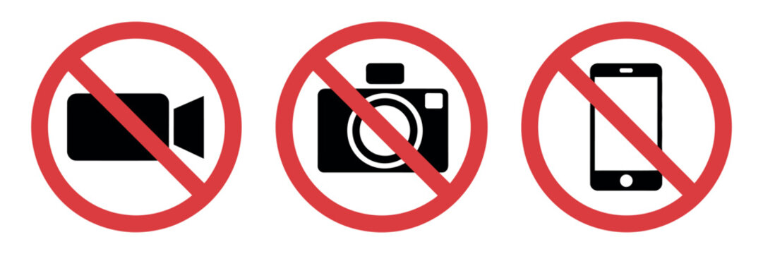 Prohibition Sign Set featuring no photography, no video recording, and no mobile phone use