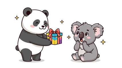 Obraz premium Panda presents gift to surprised koala with colorful wrapping