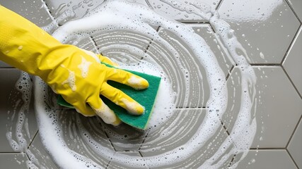 Floor Scrubbing Close Up: Yellow gloved hand using green abrasive sponge to clean soapy grey hexagonal tiles, bathroom maintenance, domestic hygiene and housework concept