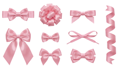 Pink satin ribbon bow set including knots, pompom, shoelace, and curly streamers isolated. Decorative gift wrap and celebration accessories.