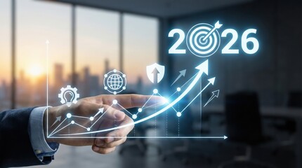 Businessman touching upward graph icon with futuristic 2026 growth trend projection,technology and innovation concept for future business development and market forecast