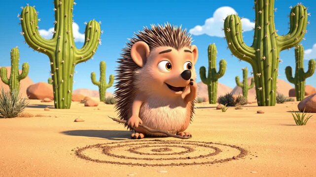 A cartoon hedgehog happily drawing a spiral pattern on the desert sand surrounded by cacti under a clear blue sky.