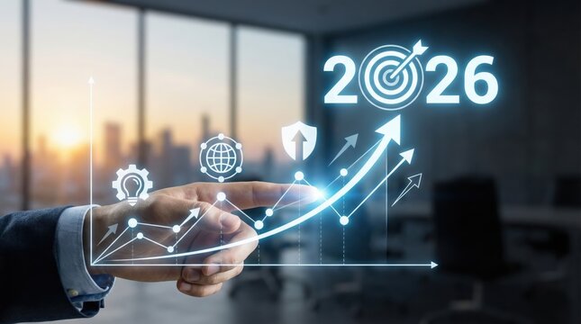 Businessman touching upward graph icon with futuristic 2026 growth trend projection,technology and innovation concept for future business development and market forecast - Powered by Adobe