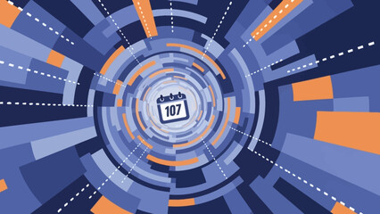 A calendar icon centered in a blue and orange abstract futuristic spiral design
