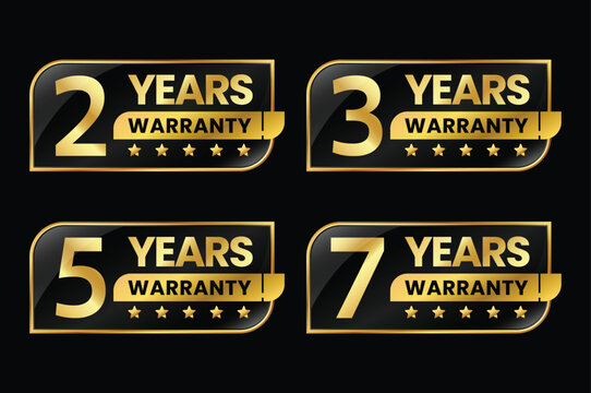 Collection of golden and black warranty stickers indicating different year coverages