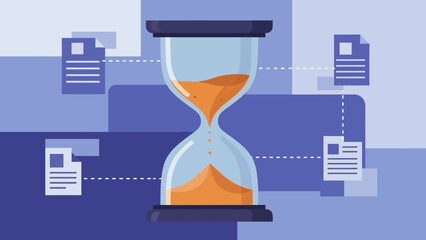 Time Management Illustration Featuring Hourglass and Documents in a Modern Office Environment from a Straight-On Viewpoint