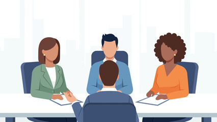 Business professionals engaged in a meeting around a table with documents in a modern office