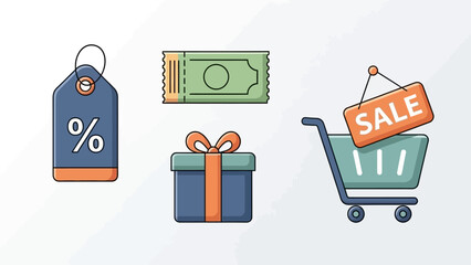 Shopping cart with sale sign, gift box, discount tag, and dollar bill on white background