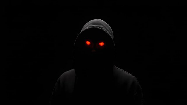 Mysterious hacker in a dark hood with glowing red eyes turning his head in profile, representing cybercrime, danger, and the anonymous threat of the deep web on a black background