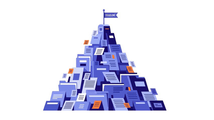 A pyramid of blue and orange documents rising to a flag on a white background