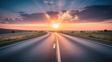 A winding road stretches towards a vibrant sunset, with dramatic clouds and lush fields flanking either side, creating a serene and picturesque landscape.
