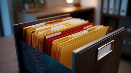 A desktop organizer filled with neatly arranged red and yellow file folders on a wooden desk