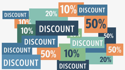 A collection of colorful discount labels arranged in a collage on a white background