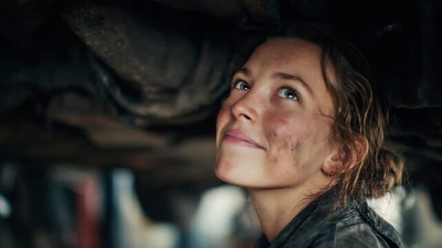 Determined Mechanic: A young woman, covered in grime from a hard day's work, gazes upwards with a look of determination and focus while working on the underside of a vehicle.