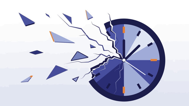 A shattered clock face with fragments flying apart, symbolizing time disruption, from a close-up, abstract viewpoint, showcasing a dramatic illustration