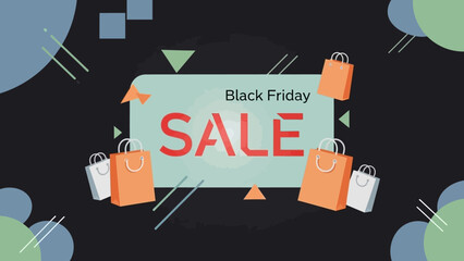 A Black Friday sale banner with shopping bags surrounded by geometric shapes on a dark background