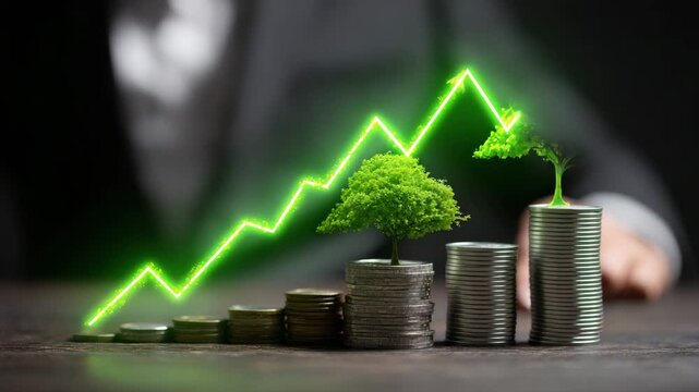 Businessman nurturing a tree growing on coins with a green rising graph