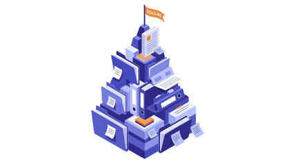 Blue pyramid structure with flag on top viewed from the front in a graphic illustration