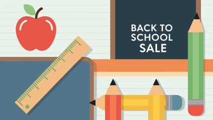 A colorful illustration of school supplies and a sale banner on a desk viewed from directly above