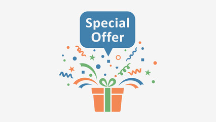 Celebratory Gift Box with Special Offer Message Surrounded by Colorful Confetti and Swirling Ribbons
