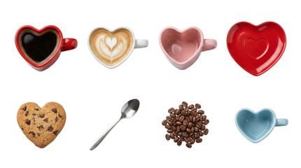 Heart shaped coffee set including cups, saucer, cookie, spoon, and beans isolated. Valentines day breakfast and cafe collection.