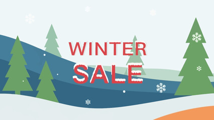 Winter sale advertisement featuring snowy landscape with pine trees and hills
