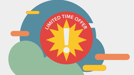 A vibrant graphic illustration of a limited time offer notification with a bold exclamation mark surrounded by dynamic shapes and colors