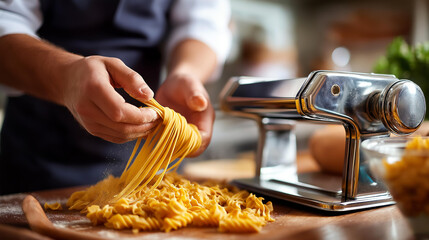 Culinary artist reveals intricate process, creating fresh pasta, specialized extrusion equipment, culinary technology display, food production moment, with copy space