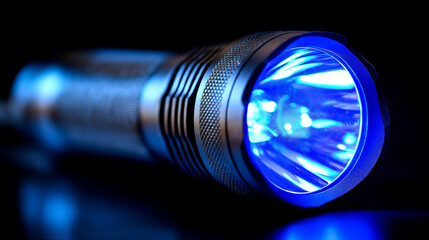 UV blacklight flashlight dark background, specialized lighting tool, professional detection equipment, forensic display investigation, moment security technology, with copy space